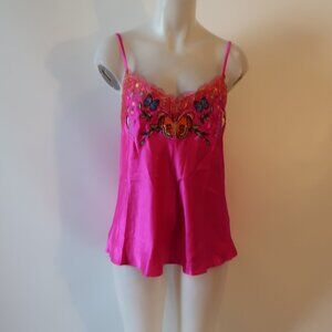 NWT Womens Boheme Los Angeles 100% Silk Hot Pink Embroidered Design Camisole XL
